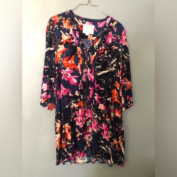 Maeve Anthropologie Dress XS Navy Blue Floral 3/4 Sleeves Pockets - Picture 1 of 8